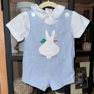 Vintage 1980s Jon Jon Nursery Rhyme Bunny Romper Set Easter Overalls appliqué
